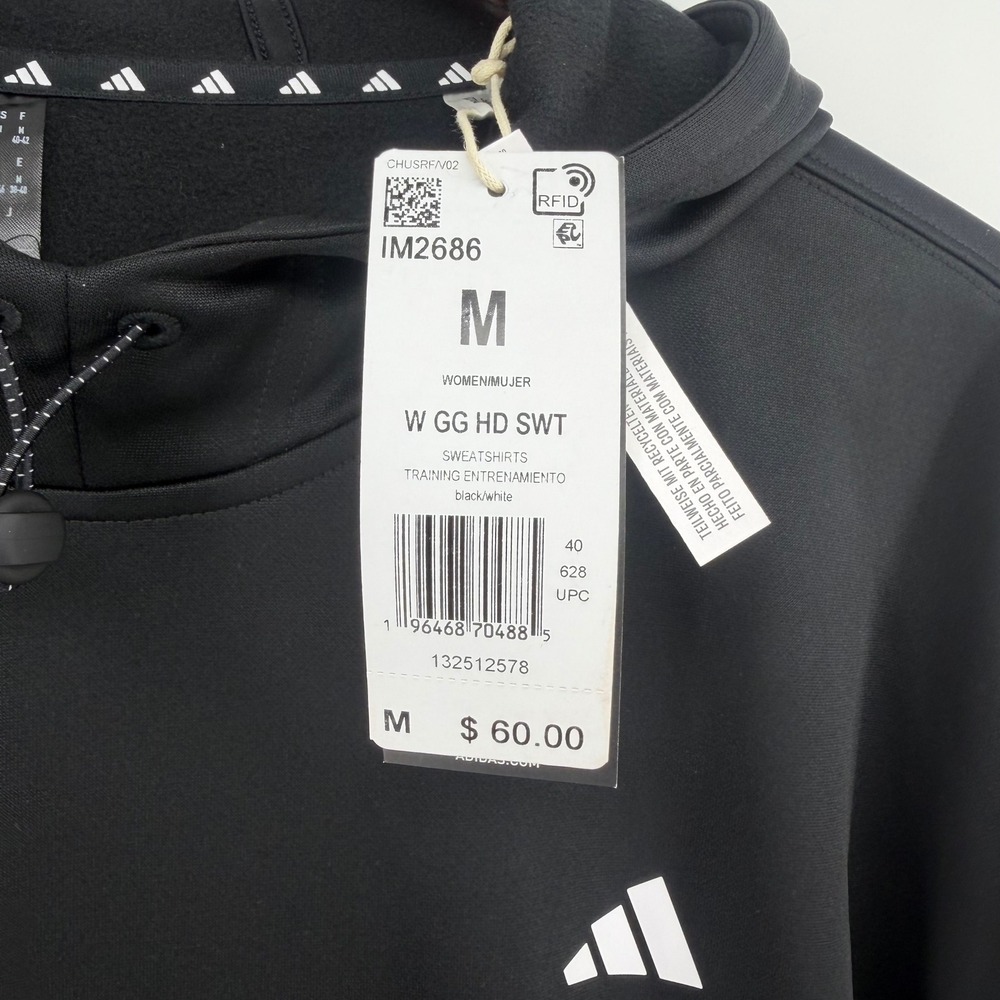NWT Adidas Womens Training Hoodie Black White IM2686 Sweatshirt Size M - Picture 2 of 5